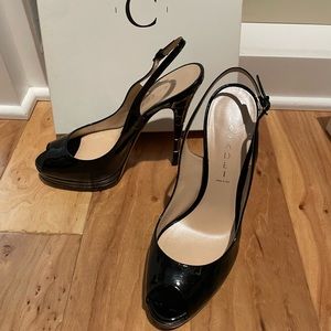 Casadei Black Peeptoe sling back platform pumps. Sz 39